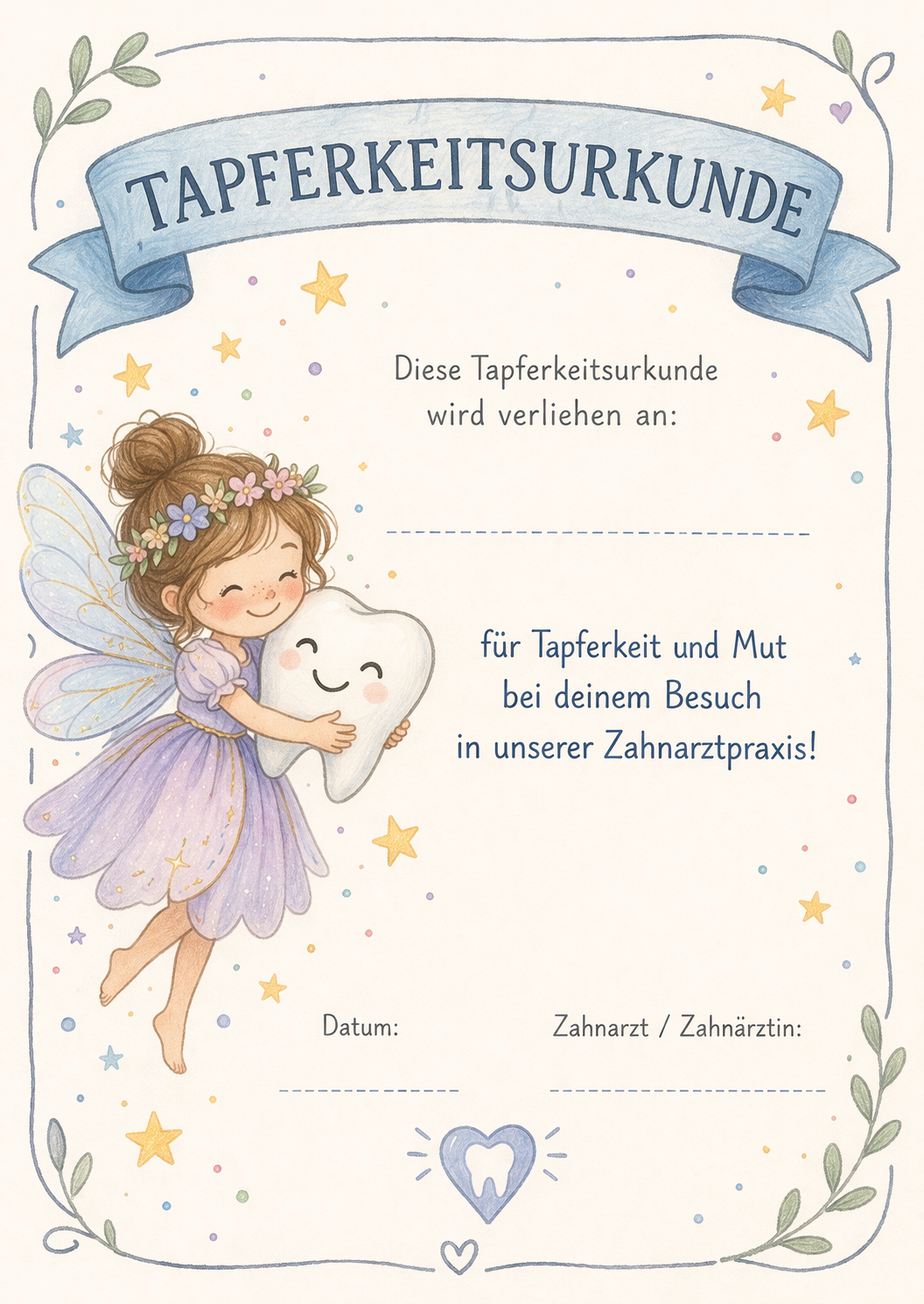 🦷 Tapferkeitsurkunde Zahnarzt – Zahnfee | DIN A4 | 160 g/m²
