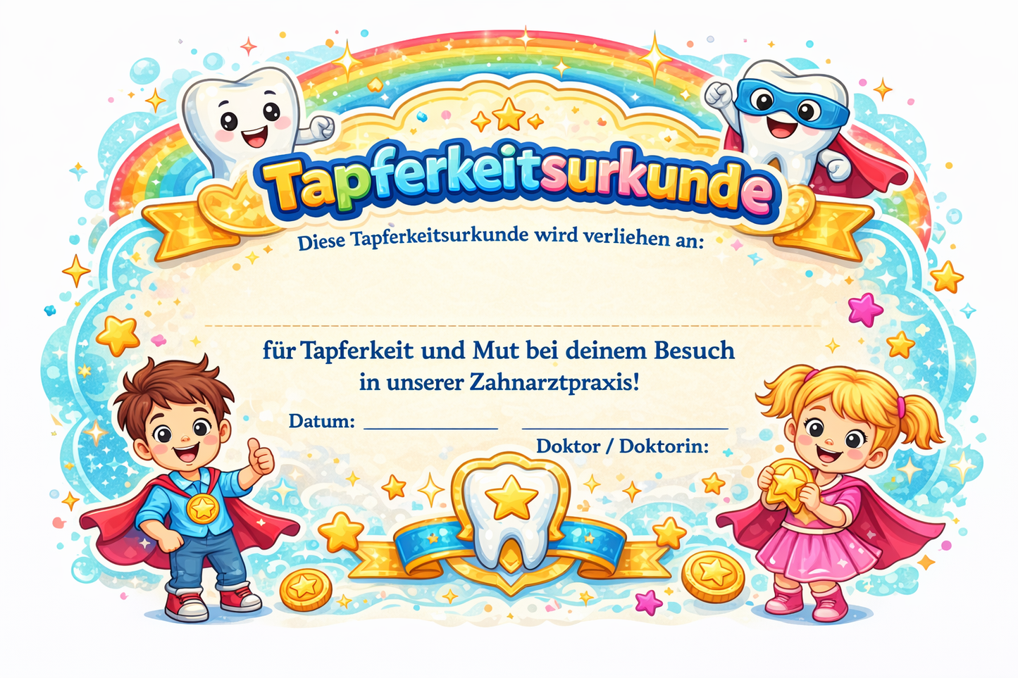 Tapferkeitsurkunde Zahnarzt Zahnhelden – DIN A4, 160 g/m², Superhelden-Design, 10er/25er/50er Pack