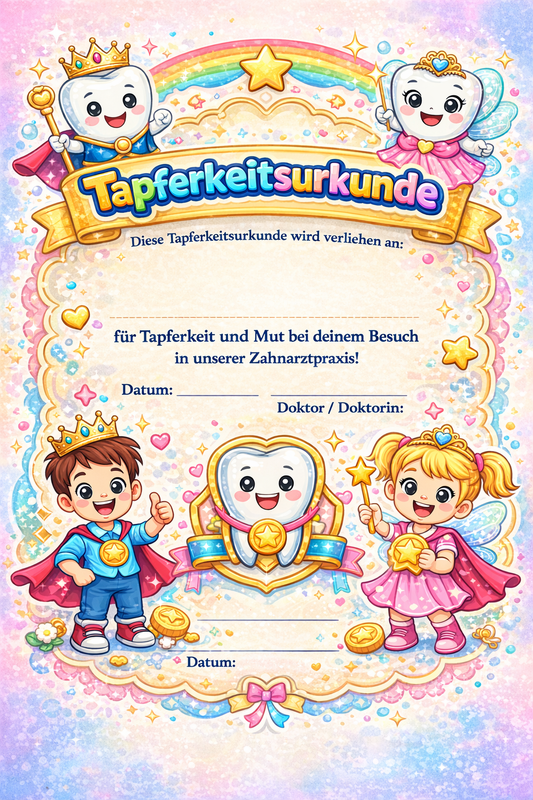 Tapferkeitsurkunde Zahnarzt – Zahnkönige | DIN A4 | 160 g/m²