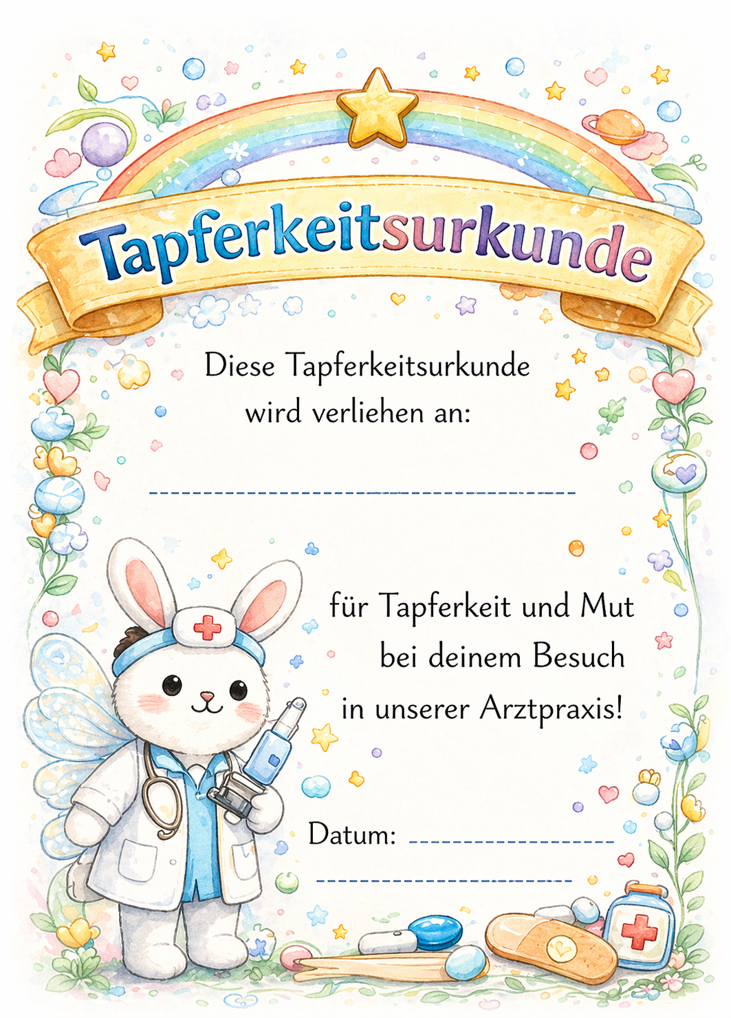 Tapferkeitsurkunde Arztpraxis Dr. Hase – DIN A4, 160 g/m², Aquarell-Design, 10er/25er/50er Pack